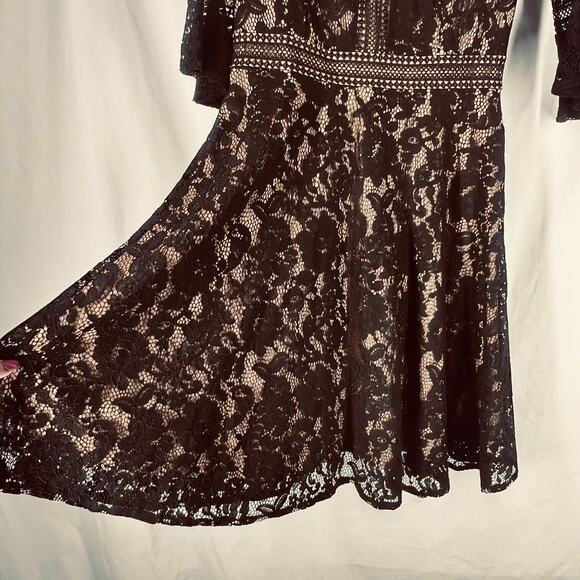 Miss May Womens Dress Medium Black Floral Lace Tan Lining Flare Sleeves A Line - Picture 2 of 16